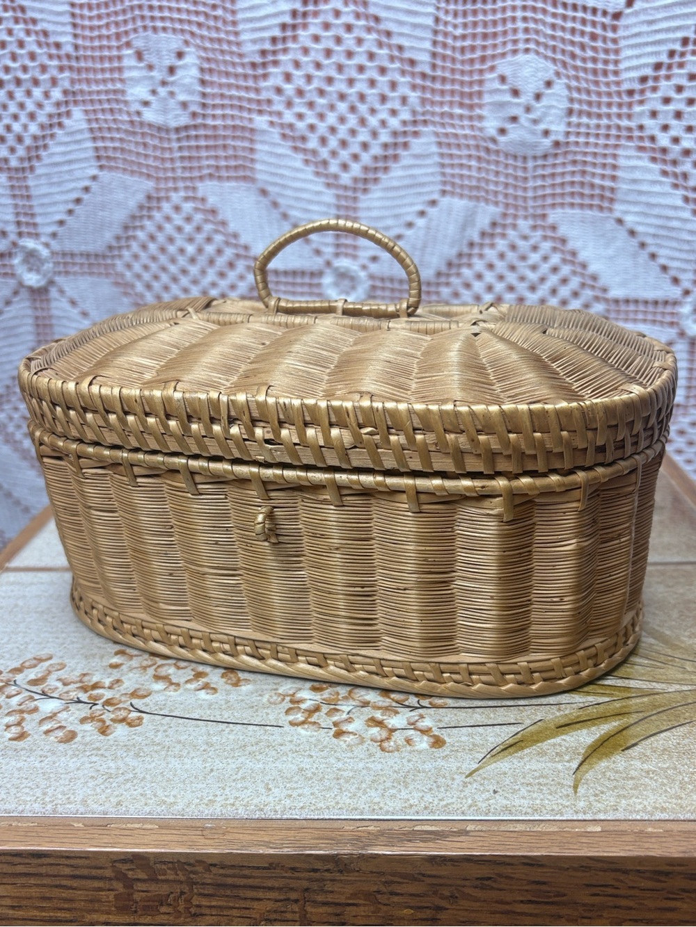 Vintage Wicker Sewing / Jewelry Basket with Tufted Satin Interior